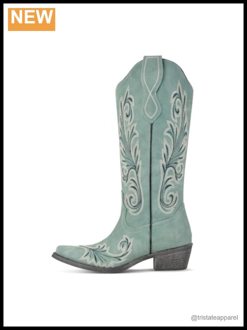 Embroidered Western Cowboy Knee High Boots Vegan PU Leather Mid Heel Pull On